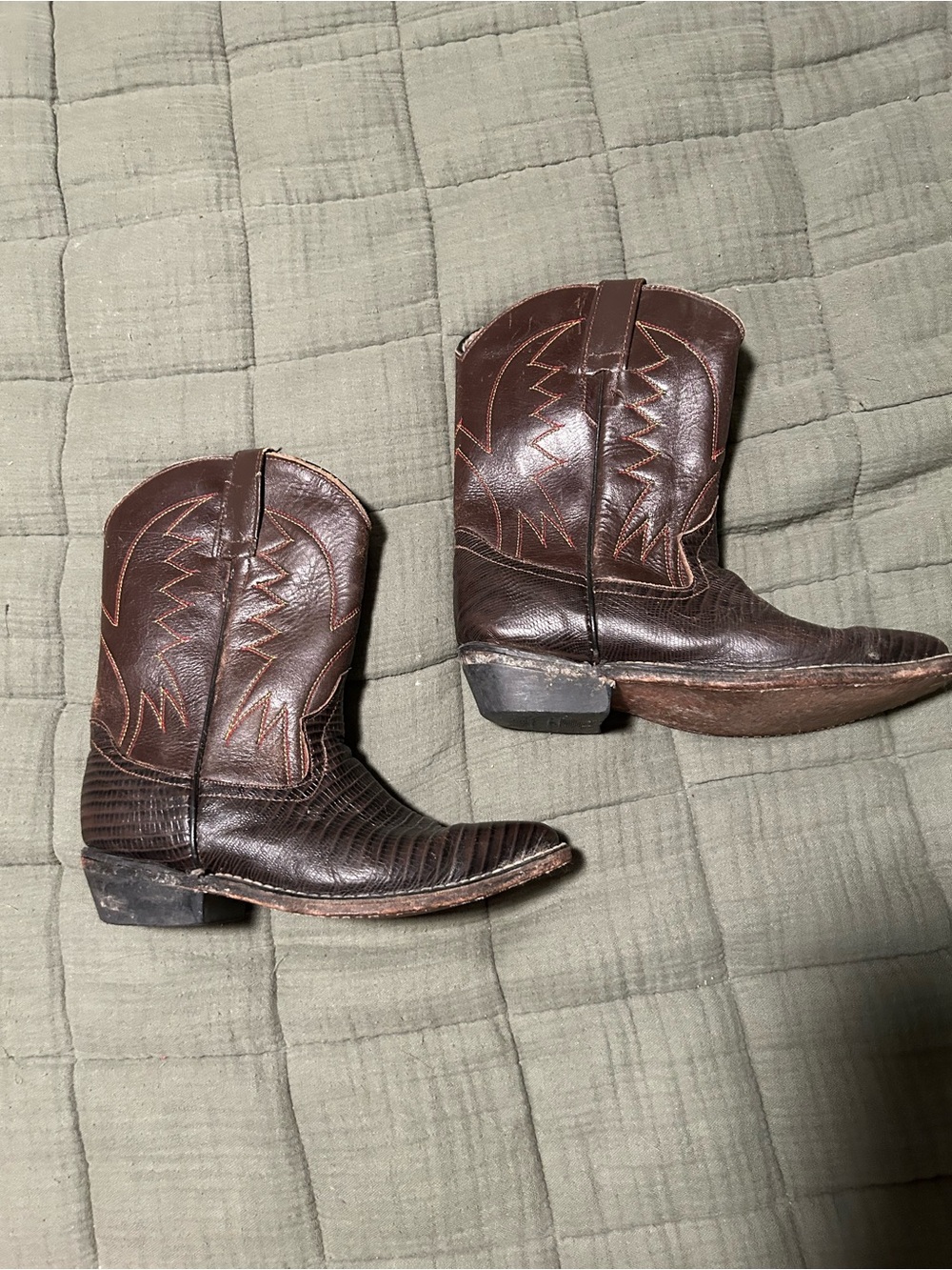 Kids Dark Brown Western Cowboy Boots leather lizard skin style toe